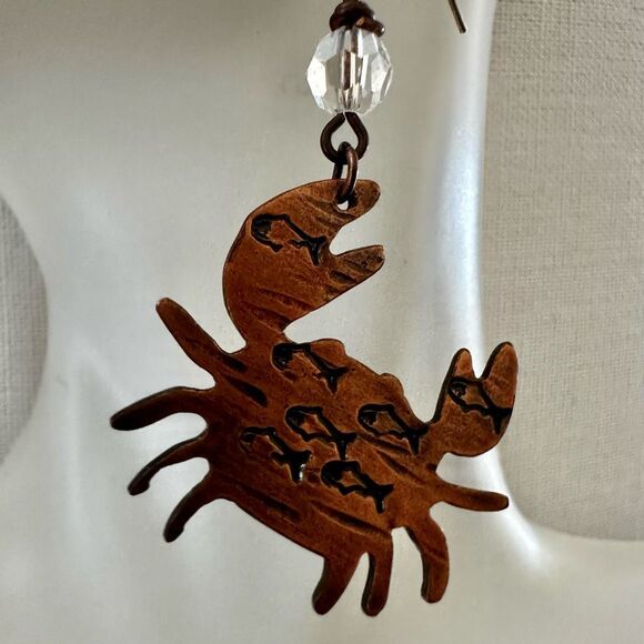 Handmade Copper Crab Earrings with Etched Fish & Crystal Beads - Picture 3 of 10
